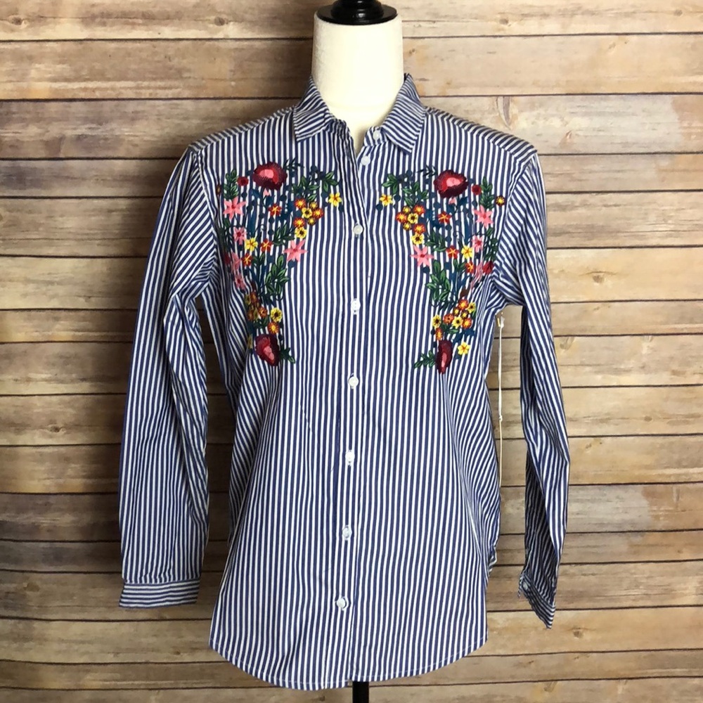 Style Me Stripped Button Down w/ Floral Detail